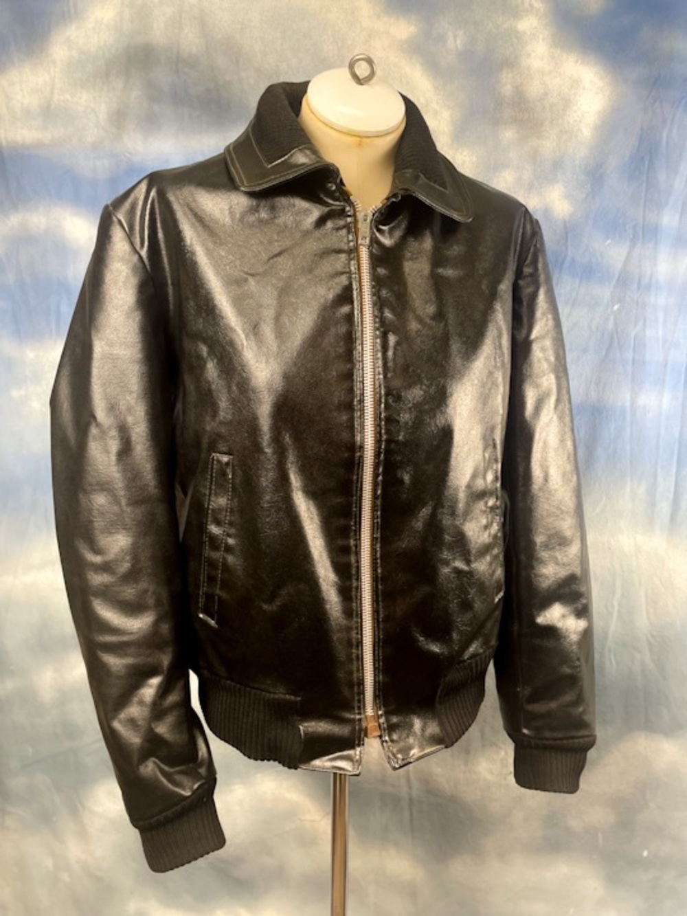 Vintage 70s East German DDR Black Synthetic Leather Bomber Jacket 46
